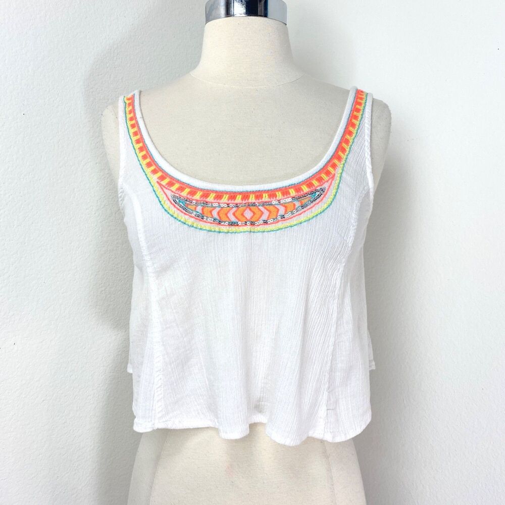 Decree White Cotton Tank Top Small Crop Cami Sequins Embroidered Festival Boho